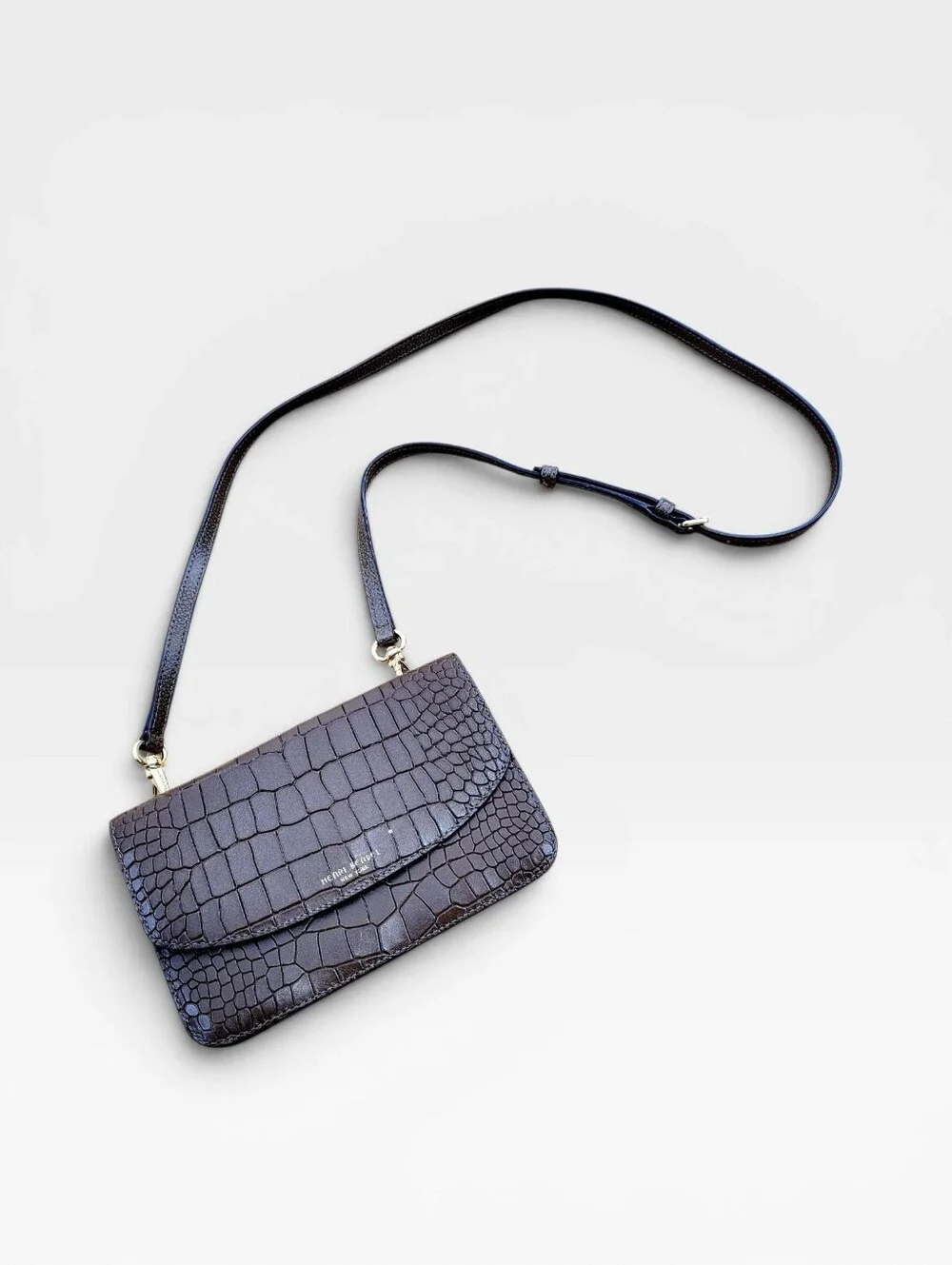 HENRI BENDEL New York Moc Croc Embossed Slim Chocolate Brown Crossbody Handbag